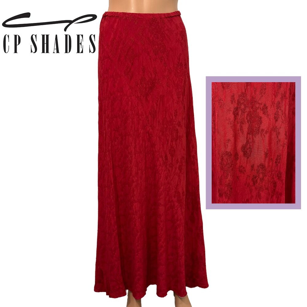 CP Shades Sausalito Embroidered Floral Rose Pattern Red Maxi Skirt Size Medium